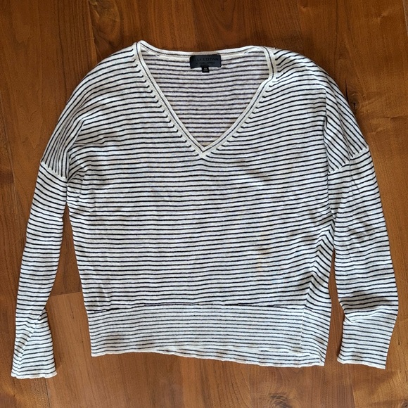 NILI LOTAN V-Neck Striped Linen Pullover Crewneck Top Sweater / XS